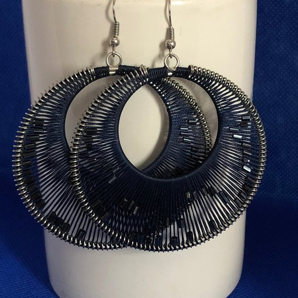 Round Beaded Web Design Dangle Earrings Dark Blue - Picture 1 of 7